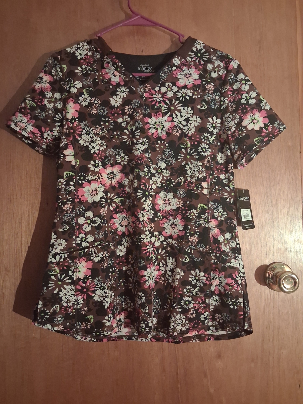 Cherokee Brown Floral V-Neck Scrub Top with Pink and White Blossoms